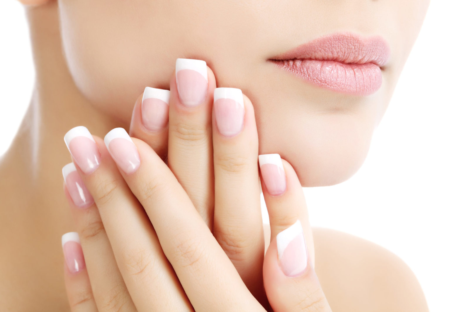 Part of female face and hands, white background, copyspace
